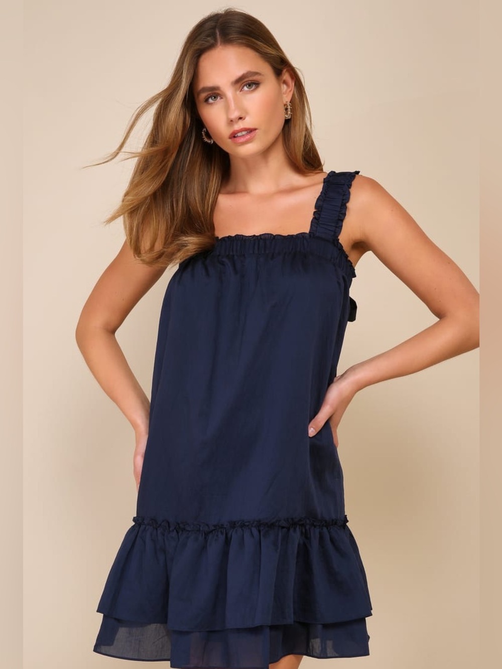 Lulus Swingin' It Navy Blue Tie-Strap Tiered Babydoll Dress
